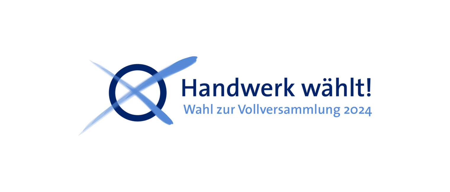 Logo der Wahl der Vollversammlung der Handwerkskammer Konstanz mit angekreuztem Kreis und Schriftzug: Handwerk wählt! Wahl zur Vollversammlung 2024